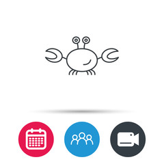 Crab icon. Cancer shellfish sign. Wildlife symbol. Group of people, video cam and calendar icons. Vector