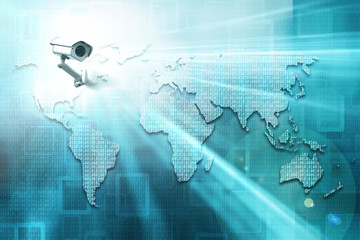 Obraz premium World map formed by binary numbers and security camera. 3D illustration.