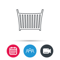 Baby crib bed icon. Child cradle sign. Newborn sleeping cot symbol. Group of people, video cam and calendar icons. Vector
