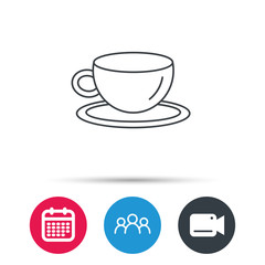 Coffee cup icon. Tea or hot drink sign. Group of people, video cam and calendar icons. Vector