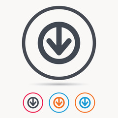 Download icon. Load internet data symbol. Colored circle buttons with flat web icon. Vector