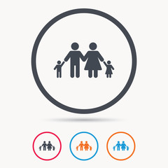 Family icon. Father, mother and child symbol. Colored circle buttons with flat web icon. Vector