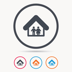 Family icon. Father and mother in home symbol. Colored circle buttons with flat web icon. Vector
