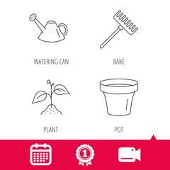 Achievement and video cam signs. Sprout plant, watering can and pot icons. Rake linear sign. Calendar icon. Vector