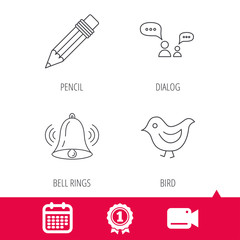Achievement and video cam signs. Dialogue, pencil and bird icons. Bell rings linear sign. Calendar icon. Vector