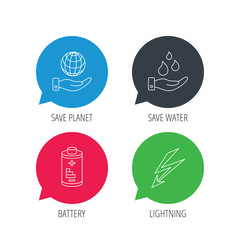 Colored speech bubbles. Save planet, water and battery icons. Lightning linear sign. Flat web buttons with linear icons. Vector