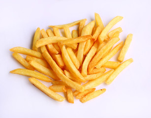a pile of french fries on white background