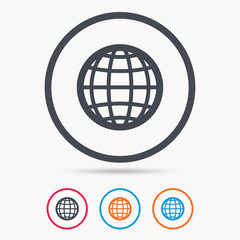 Globe icon. World or internet symbol. Colored circle buttons with flat web icon. Vector