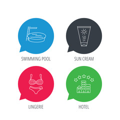 Colored speech bubbles. Hotel, swimming pool and sun cream icons. Lingerie linear sign. Flat web buttons with linear icons. Vector