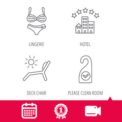 Achievement and video cam signs. Hotel, lingerie and beach deck chair icons. Clean room linear sign. Calendar icon. Vector