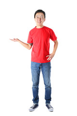 Asian man in blank red t-shirt on white background