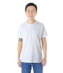 Asian man in blank t-shirt on white background