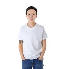 Asian man in blank t-shirt on white background