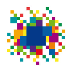 Geometric abstract rainbow squares and pixel, vector background