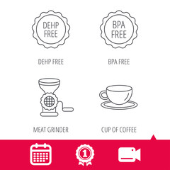 Achievement and video cam signs. Coffee cup, meat grinder and BPA free icons. DEHP free linear sign. Calendar icon. Vector