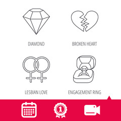 Achievement and video cam signs. Broken heart, diamond and engagement ring icons. Lesbian love linear sign. Calendar icon. Vector