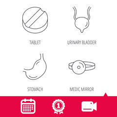 Achievement and video cam signs. Medical mirror, tablet and stomach organ icons. Urinary bladder linear sign. Calendar icon. Vector