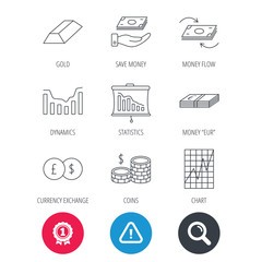 Achievement and search magnifier signs. Banking, cash money and statistics icons. Money flow, gold bar and dollar usd linear signs. Dynamics chart, coins and savings icons. Hazard attention icon