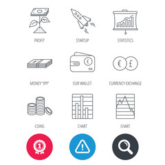 Achievement and search magnifier signs. Profit investment, cash money and startup rocket icons. Wallet, currency exchange and euro linear signs. Chart, coins and statistics icons. Vector