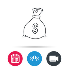Sack with dollars icon. Money bag sign. Banking symbol. Group of people, video cam and calendar icons. Vector