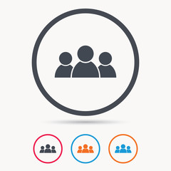 People icon. Group of humans sign. Team work symbol. Colored circle buttons with flat web icon. Vector