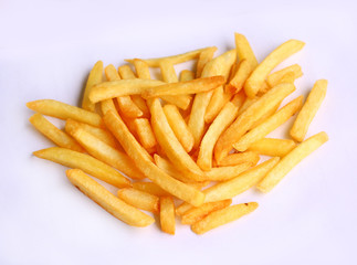 a pile of appetizing french fries on a white background