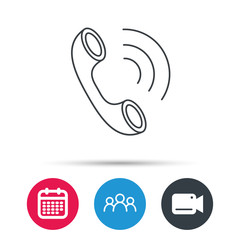 Phone icon. Call sign. Group of people, video cam and calendar icons. Vector