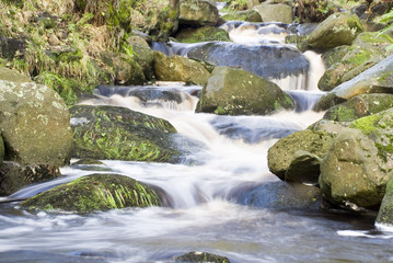 Close up on the fast flowing water of Burbage Brook in the rocky river valley of Padley Gorge, Longshaw Estate, Peak District, UK