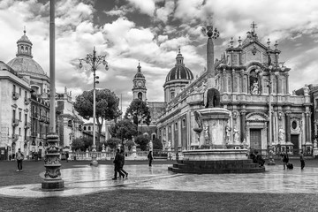 Black and white view of the beautiful square and elephant fountain, Piazza del Duomo,  Catania,...