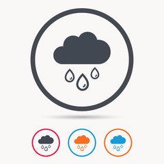 Cloud with rain drops icon. Rainy day symbol. Colored circle buttons with flat web icon. Vector
