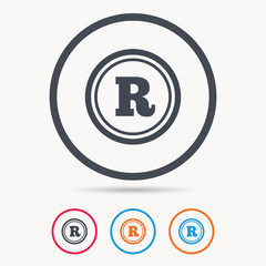 Registered trademark icon. Intellectual work protection symbol. Colored circle buttons with flat web icon. Vector