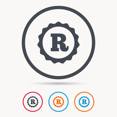 Registered trademark icon. Intellectual work protection symbol. Colored circle buttons with flat web icon. Vector