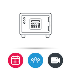 Safe icon. Money deposit sign. Combination lock symbol. Group of people, video cam and calendar icons. Vector