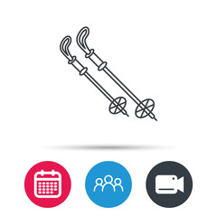 Fototapeta premium Skiing icon. Ski sticks or poles sign. Winter sport symbol. Group of people, video cam and calendar icons. Vector