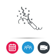 Shooting slapstick icon. Celebration sign. Group of people, video cam and calendar icons. Vector
