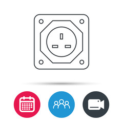 UK socket icon. Electricity power adapter sign. Group of people, video cam and calendar icons. Vector