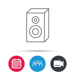 Sound icon. Musical speaker sign. Group of people, video cam and calendar icons. Vector