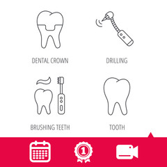 Achievement and video cam signs. Brushing teeth, tooth and dental crown icons. Drilling tool linear sign. Calendar icon. Vector