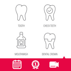 Achievement and video cam signs. Tooth, dental crown and mouthwash icons. Check teeth linear sign. Calendar icon. Vector