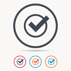 Tick icon. Check or confirm symbol. Colored circle buttons with flat web icon. Vector