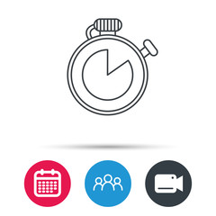 Timer icon. Stopwatch sign. Sport competition symbol. Group of people, video cam and calendar icons. Vector