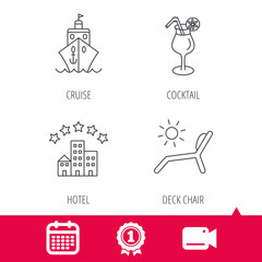 Achievement and video cam signs. Cruise, waves and cocktail icons. Hotel, deck chair linear signs. Calendar icon. Vector