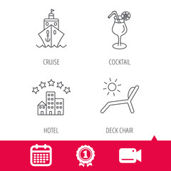 Achievement and video cam signs. Cruise, waves and cocktail icons. Hotel, deck chair linear signs. Calendar icon. Vector