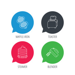 Colored speech bubbles. Waffle-iron, toaster and blender icons. Steamer linear sign. Flat web buttons with linear icons. Vector