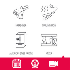 Achievement and video cam signs. Curling iron, hair dryer and blender icons. American style fridge linear sign. Calendar icon. Vector