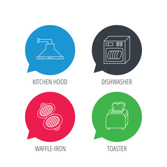 Colored speech bubbles. Dishwasher, waffle-iron and toaster icons. Kitchen hood linear sign. Flat web buttons with linear icons. Vector