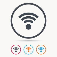 Wifi icon. Wireless internet sign. Communication technology symbol. Colored circle buttons with flat web icon. Vector