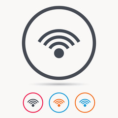Wifi icon. Wireless internet sign. Communication technology symbol. Colored circle buttons with flat web icon. Vector