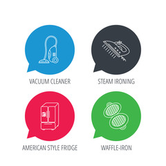 Colored speech bubbles. Vacuum cleaner, steam ironing and waffle-iron icons. American style fridge linear sign. Flat web buttons with linear icons. Vector