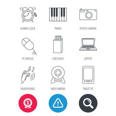 Achievement and search magnifier signs. Photo camera, USB flash and notebook laptop icons. PC mouse, alarm clock and web camera linear signs. Tablet PC and music headphones icons. Vector